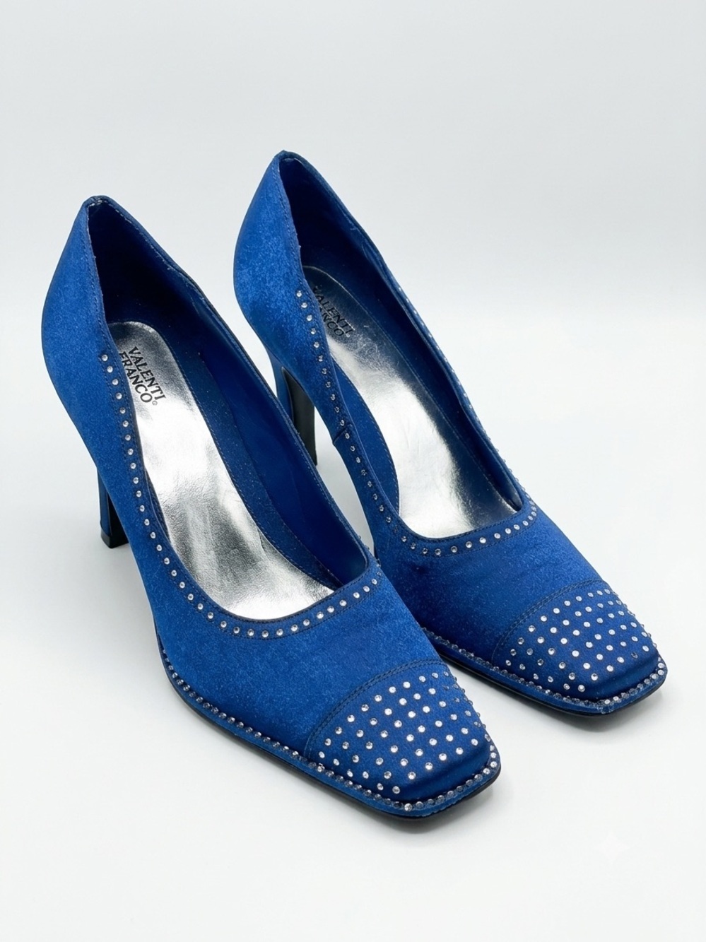 Valenti Franco Blue Satin Studded Heels Leather Sole Pumps Size 8.5